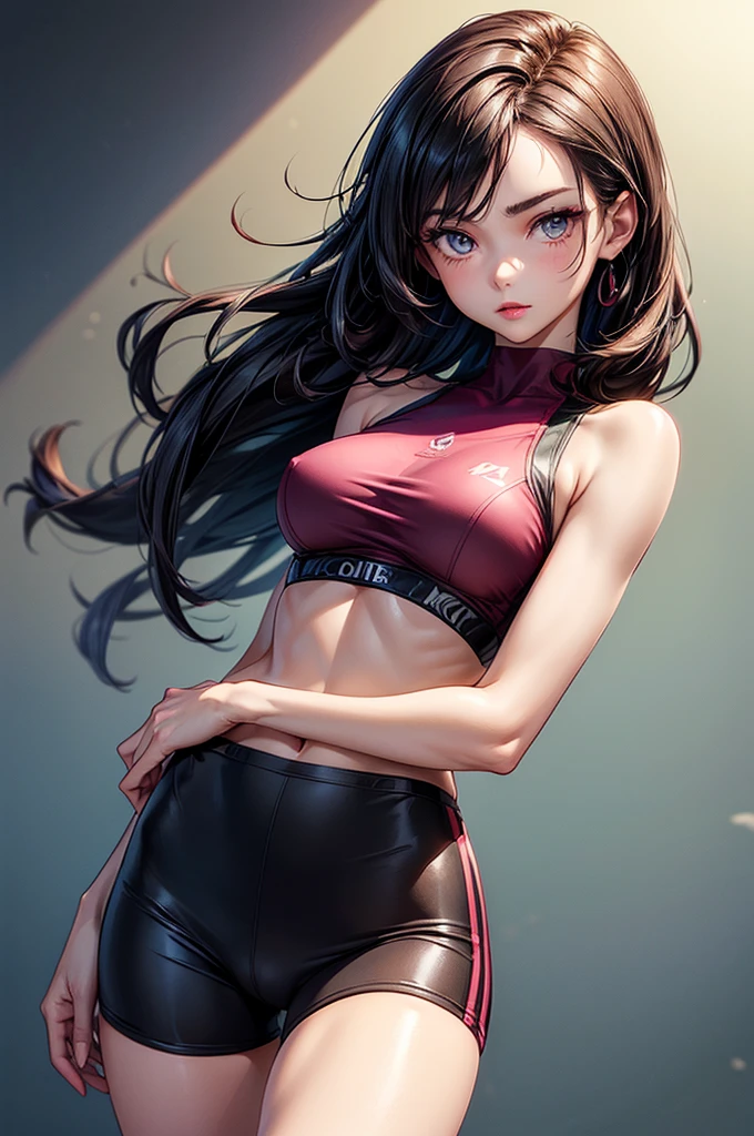 ((highest quality)),(ultra high resolution),(Super detailed), (best work of art), (1 young girl:1.5), beautiful and well-shaped face:1.5,(Beautiful skin with precise and detailed depiction:1.6),(sports bra and waist band nylon shorts ),gorgeous, masterpiece, best quality, high-resolution, finely detailed, extremely detailed and beautiful, distinct-image, hourglass figure,, 1 girl, 18 year old teenager, solo, sharp facial features, oval shaped face. cherry red lips,. velvet-colored eyes, C-cup breasts, tall height(175cm), slim curves, toned body type, flowing waist length dark violet-black hair, small narrow waist, long and slender legs, curvy wide hips, modern gym setting, lightly tanned white skin