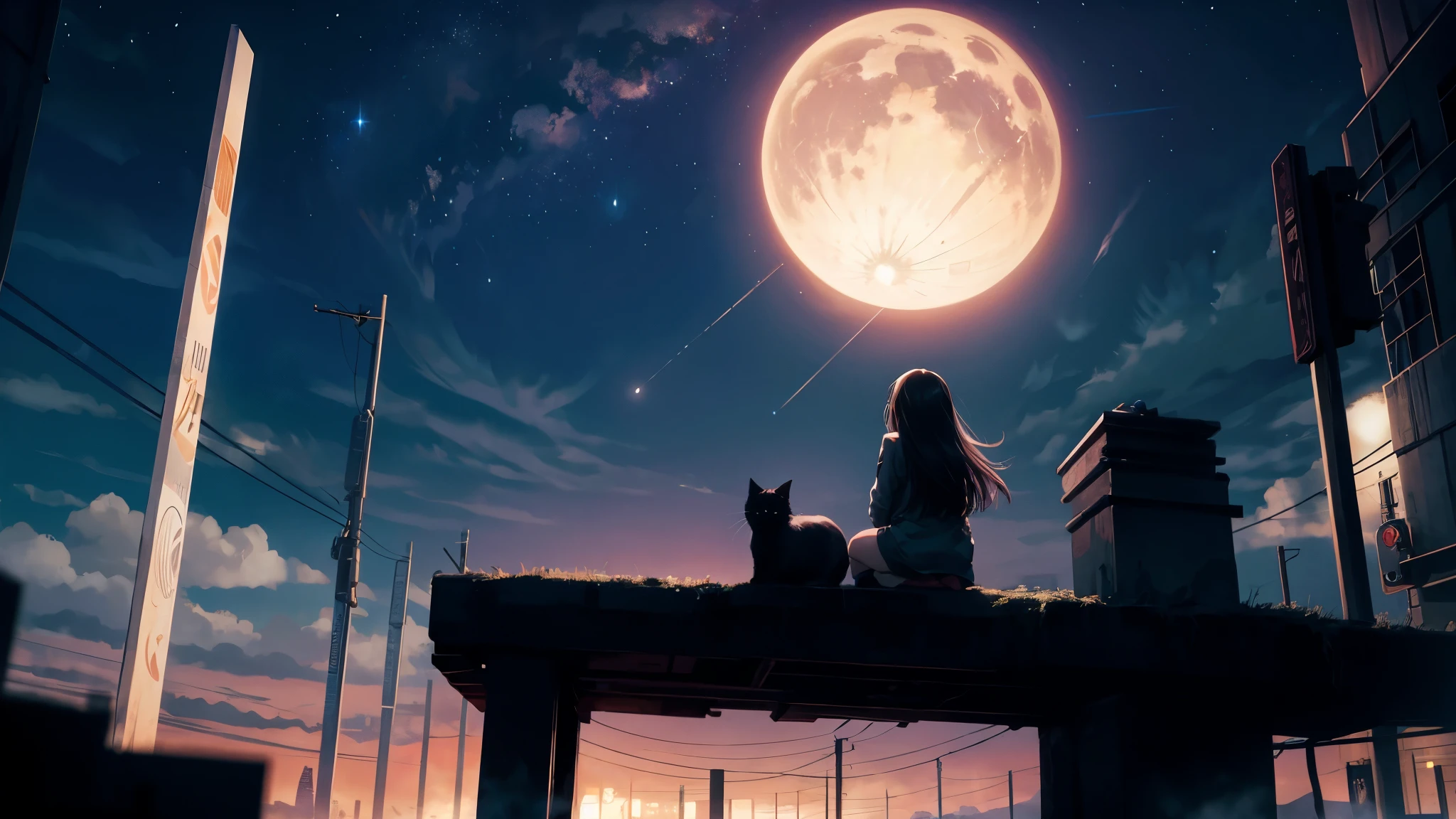 Octane, null, star (null), scenery, starry null, night, 1 girl, night null, alone, Outdoor, building, cloud, milky way, Sitting, wood, Long Hair, city, silhouette, cityscape、anime、Sleeping black cat