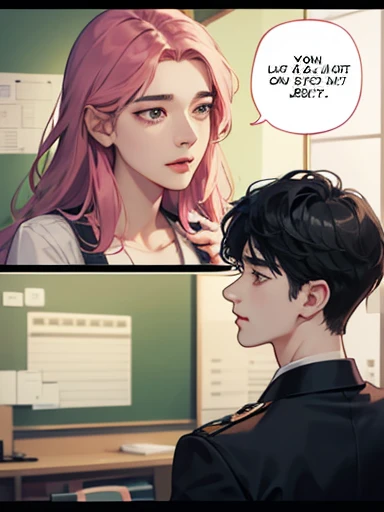 Page 1: Classroom conversation Vignette 1:
Flat: Closeup of Seokjin talking to Yoongi.
Dialogue: Seokjin: “Have you never thought about it?”? that is to say... She dies for you.” Text on the border of the bullet: Show Seokjin's intense gaze.
