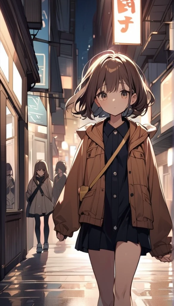 A cute girl with brown hair walking through the city at night Lonely face