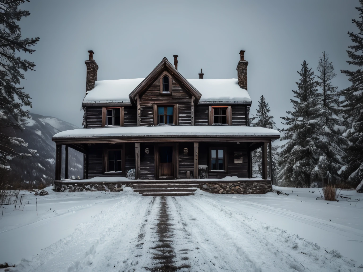 8k, 8 k, masterpiece, best quality, realistic, higly detailed, landscape, medieval, creepy house, abandoned house, spooky house, house on snowy mountain, ghost house, decrepit house