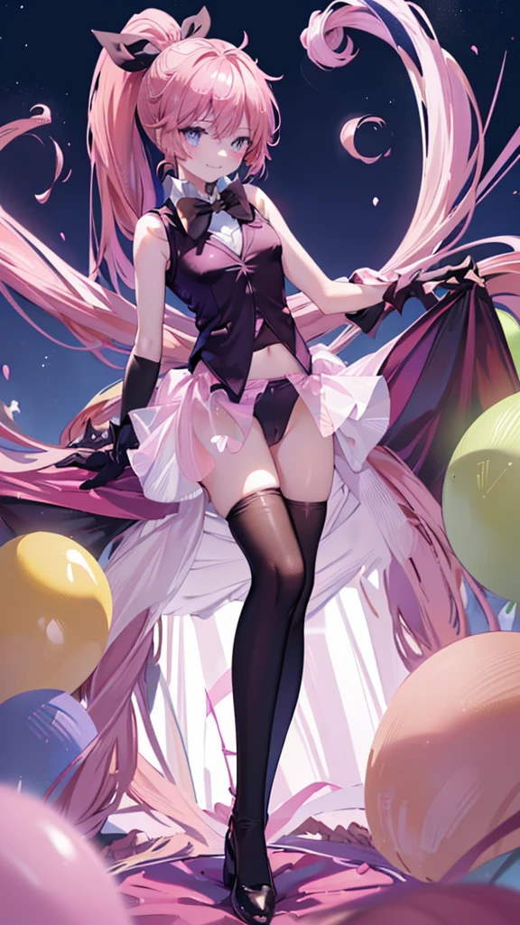 1girl, Angle from below:1.8, The girl bends forward to show off her breasts、Standing、legs apart, (shiny white skin:1.6)、Glowing Eyes, ((Sexy evil grin)), ( girl), Kaito Saint Tail、ponytail、breasts, pink rips, hat, ((((Velvet sleeveless vest, see-through)), (Velvet long gloves), (Velvet bow tie), small breasts, (Pink flared skirt)、Shiny black thigh-high socks))、thighs, ((black pantie)), ((The chest buttons are open)),The area between her breasts is exposed、 (crotch),((foot)), ((girl on top)), 1boy, penis, eject cum, Angle to look up at the crotch、Moonlit Night、Building district、rooftop