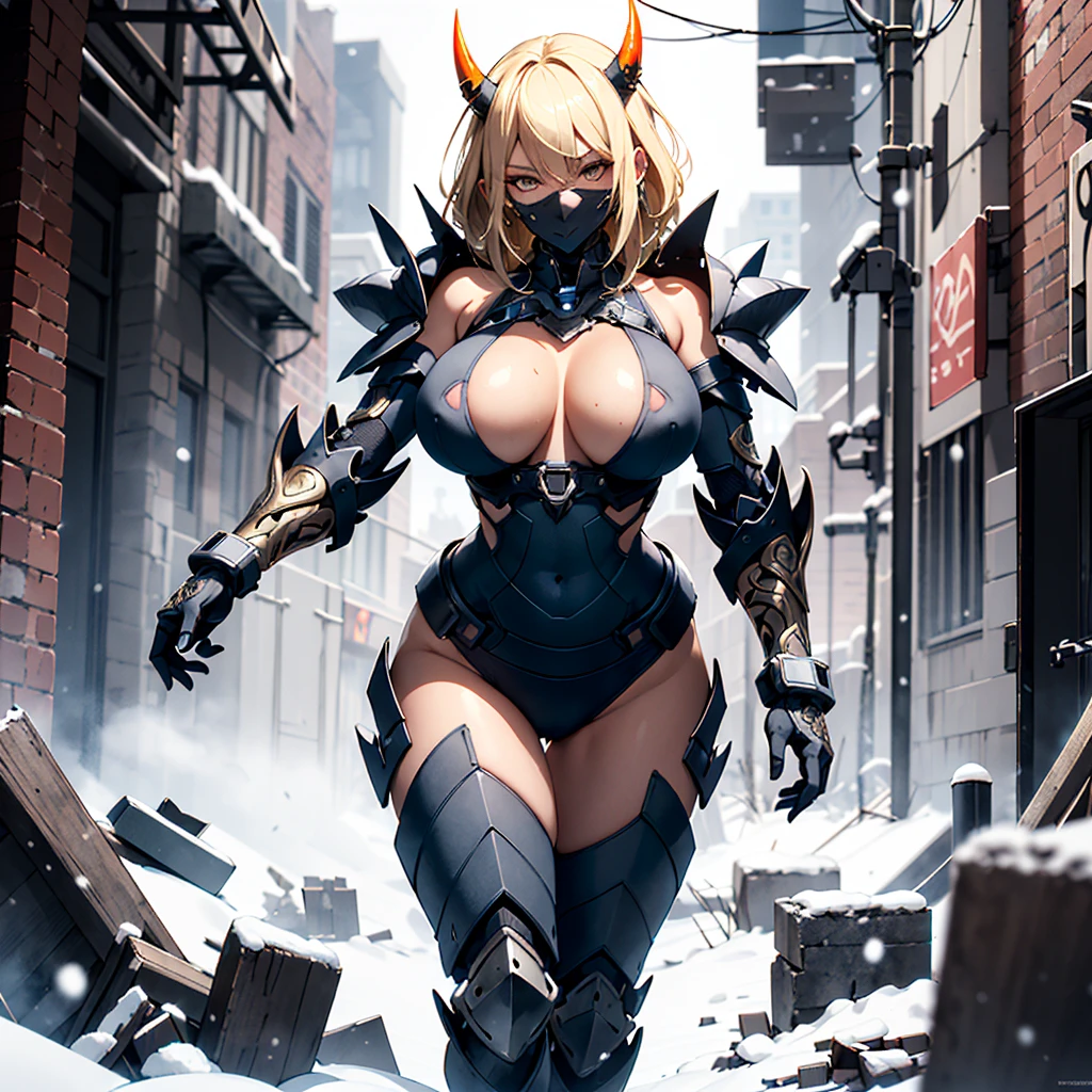 ((best quality)), ((masterpiece)), (detailed), 1girl, 8k_wallpaper, extremely detailed eyes, (large masterpiece digital art), (intricate details:1.3 ), (ultra-detailed:1.3), (sharp focus:1.3), (natural lighting:1.05), (vivid colors:1.3), (best quality:1.4), high quality, expressive eyes, full body, detailed face, beautiful face, perfect face, ((blonde hair)), (gold eyes), ((large blue horns)), {{dark skin}}, ({dark skinned female}), big breasts, huge chest, outlines of nipples under clothing, powerful strong and prominent muscles of the abdomen and legs, powerful arm muscles, dressed in heavy combat steel cyber close armor of a dark red steel color, a military radio hanging on her belt, she is dressed in heavy steel closed-type cyber armor, a heavy armored cyber exoskeleton, powerful armor covers her entire body, she stands on a winter evening in the middle of the ruins of the old city next to a fantastic cyber military against the backdrop of high snowy mountains, it is snowing,