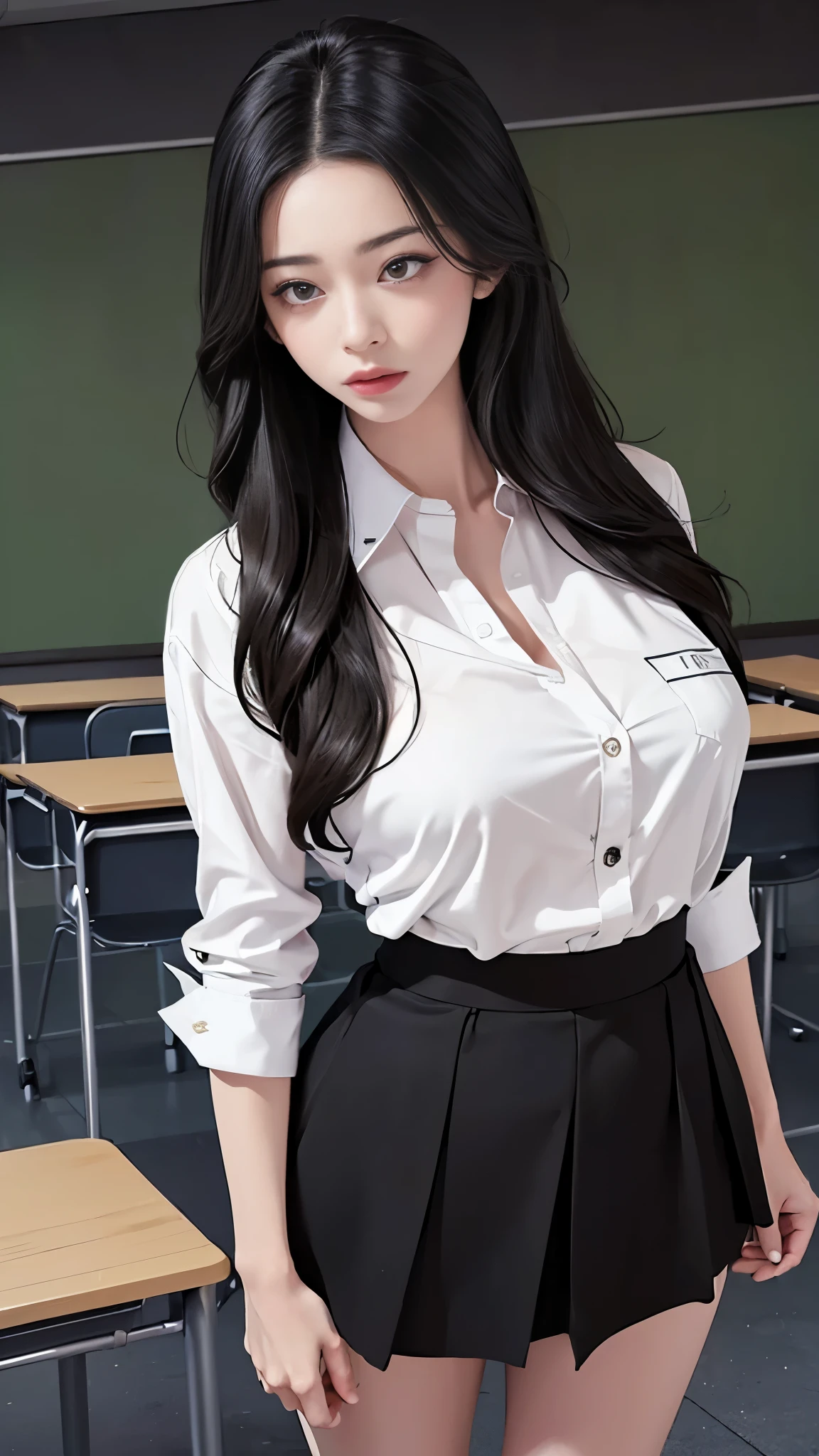 (Best quality, High resolution, Masterpiece :1.3), A tall and pretty woman, Slender abs, Dark brown hair styled in loose waves, Breasts, Wearing pendant, White button up shirt, Belt, Black skirt, (Modern architecture in background), Details exquisitely rendered in the face and skin texture, Detailed eyes, Double eyelid