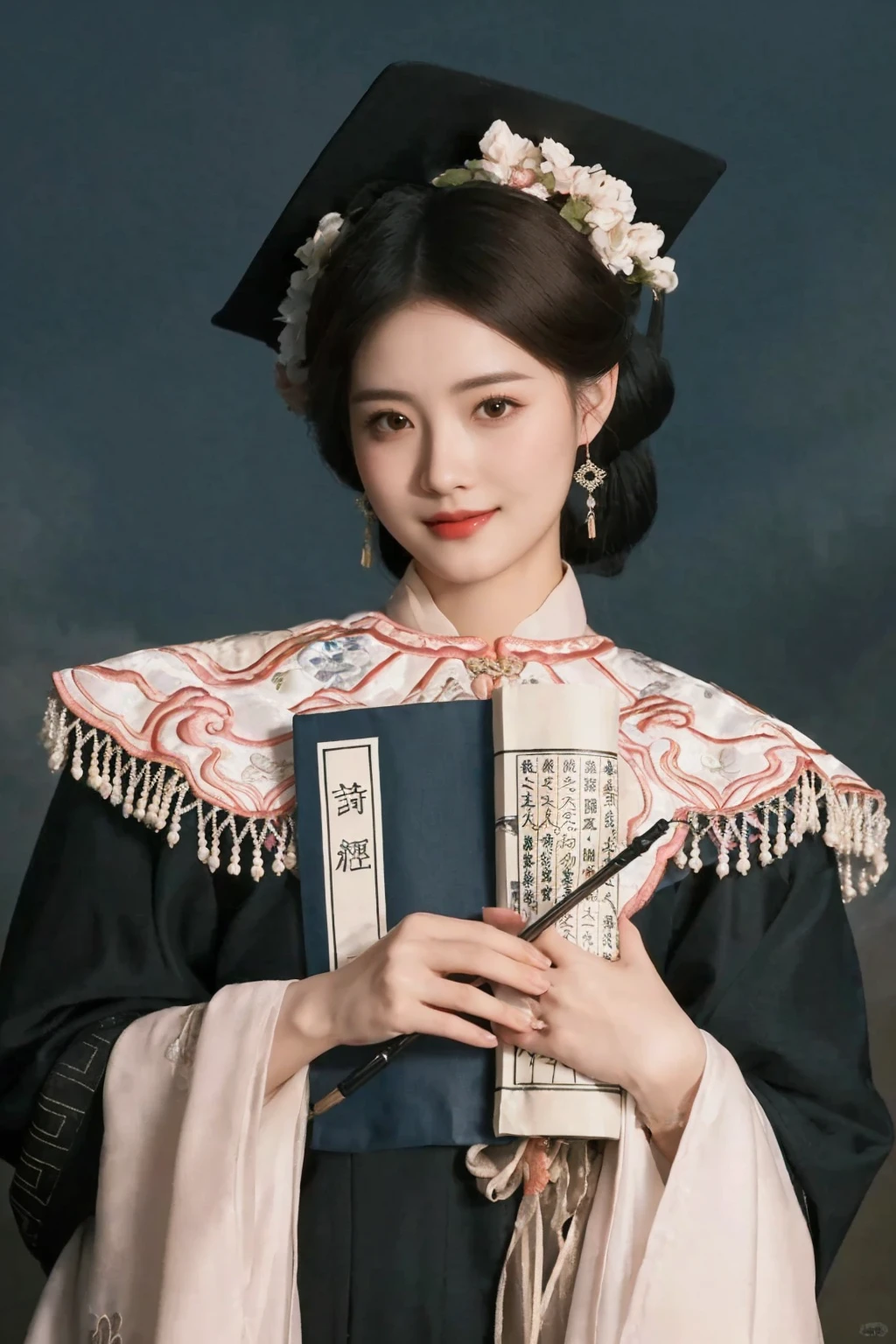 A woman in graduation gown、Close-up of woman holding fan, palace ， a girl in Hanfu, , Hanfu, Wearing Chinese clothes, Wearing Chinese Clothing, Chinese Clothing, Traditional Beauty, white Hanfu, Chinese Princess, Traditional clothing, Traditional clothing