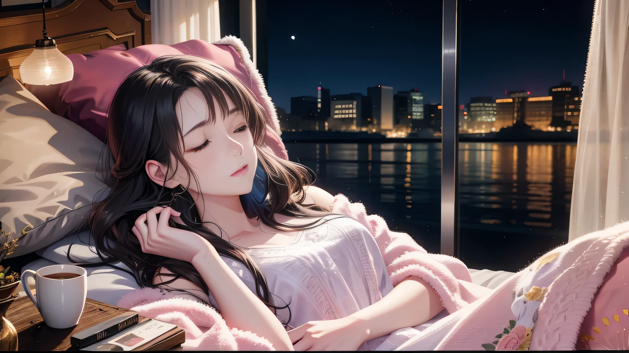 There is a woman lying on a bed with a pink blanket, Beautiful Anime girl, Trending on cgstation, Anime Style 4k, Gwaites style artwork, 4k anime wallpaper, Nightcore, Anime Art Wallpapers 8K, anime art wallpaper 4k, anime art wallpaper 4k, Beautiful Anime, anime wallpaper 4k, anime wallpaper 4k,sleep, close your eyes