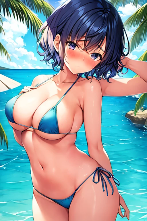 Embarrassed girl, with short curly blue hair, in micro bikini trying to cover herself