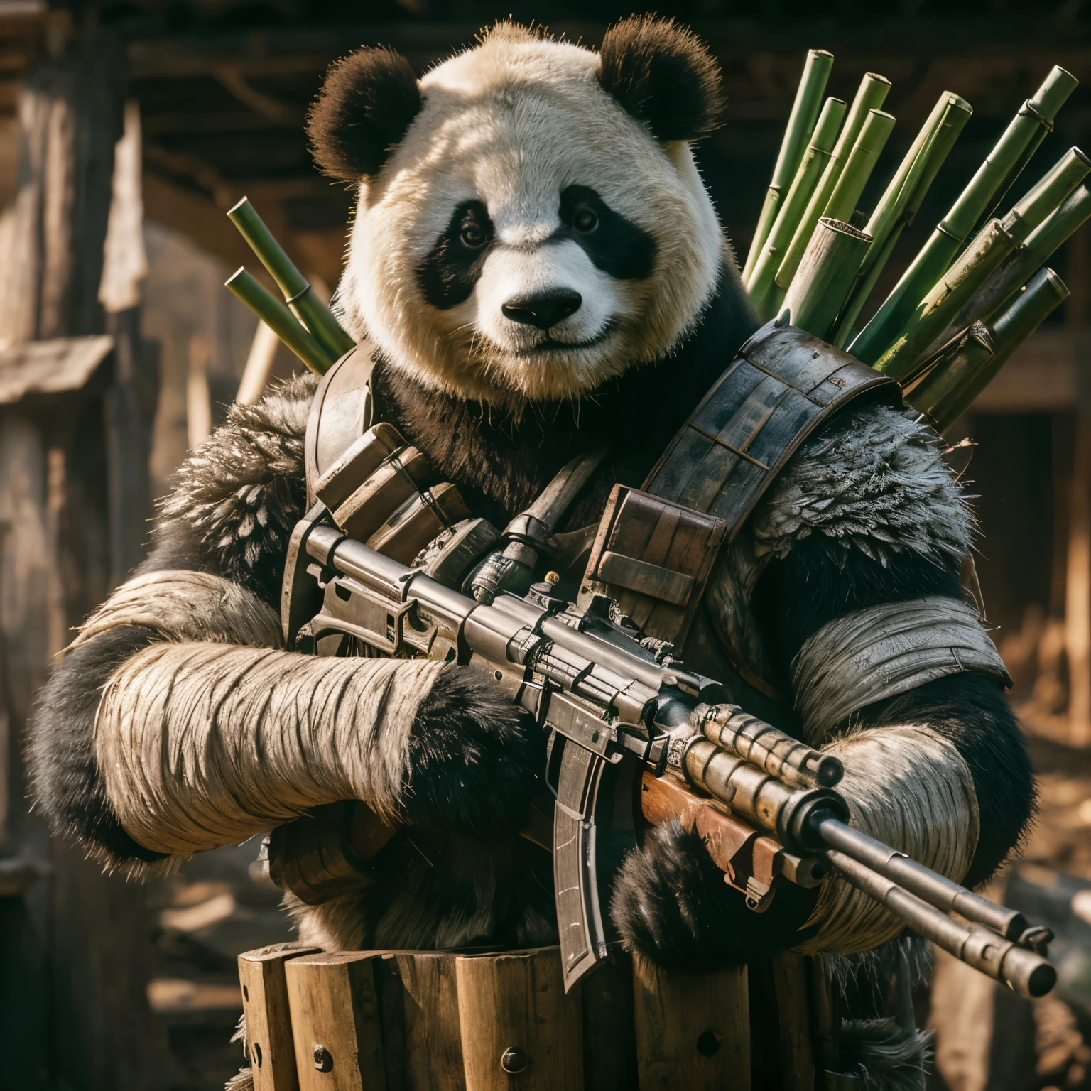 Masterpiece, real photo, realistic. Creates a hyper-detailed photorealistic macro image of an anthropomorphic warrior panda. He looks disheveled and fierce at the same time. He has bandages on his arms. He holds a gun with a barrel that transforms into a bamboo. He has some small bamboos in his ammo belt. Place it in a post-apocalyptic rural context.