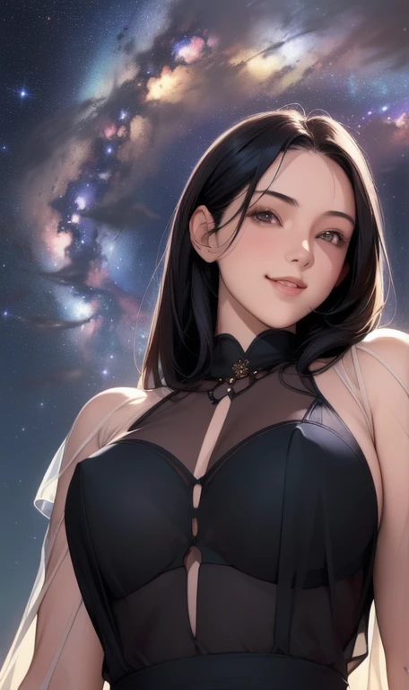(masterpiece), (best quality), 1girl, (perfect face:1.2), (beautiful face:1.2), black hair, (from below, upper body:1.3), happy, light smile, looking at viewer, pose, see-through, outdoors, (midnight, night sky, milky way), intricate, depth of field, cinematic lighting,