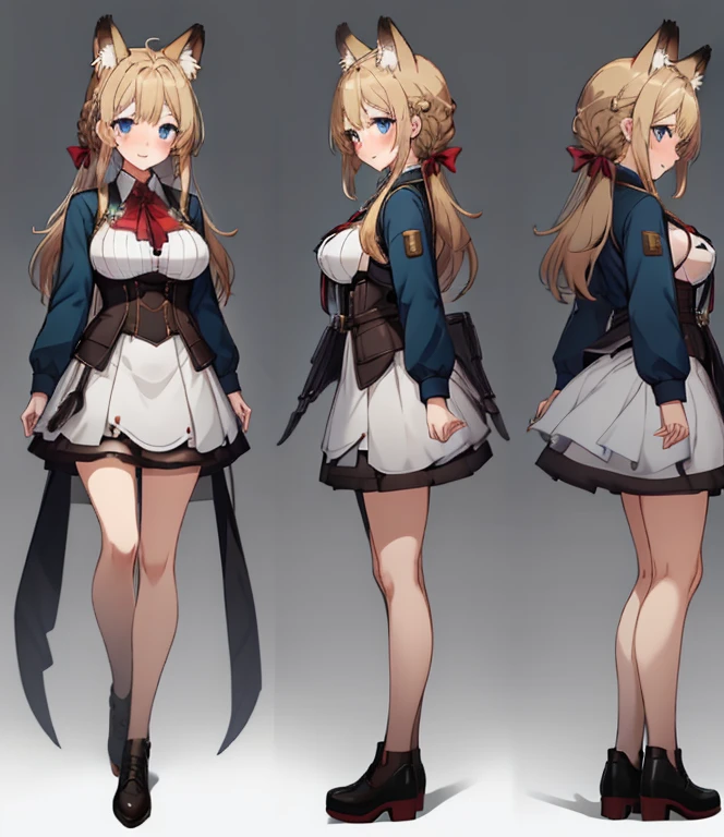 masterpiece: 1.6, Highest quality: 1.4, Live: 1.2, Intricate details: 1.2, 1 girl, alone, (blonde), Long Hair, French Braid, single ~ ~ sidelock, amount: 1.5, Fox Ears, Big fox tail: 1.8, Deep blue eyes, Bright Eyes, Big Breasts, Exposed thighs:1.7, Green adventurer jacket:1.5, leotard: 3, Pouch:2.5, Full Body Shot, Multiple Views, front, return, ~ ~ side, performance, ((Character setting material collection, Different poses of the same character, Character Reversal: 1.5, Multiple Views)), arms behind return, Portraiture, Happy, Are crying, Get angry, smile