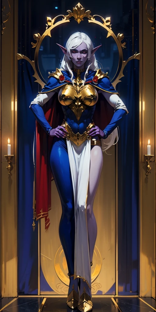 masterpiece, best quality, high quality, drow elf, long hair, pale hair, red eyes, purple skin, deep blue cape with golden ornaments (1solofemale full body standing straight symmetrical, hands on hips)