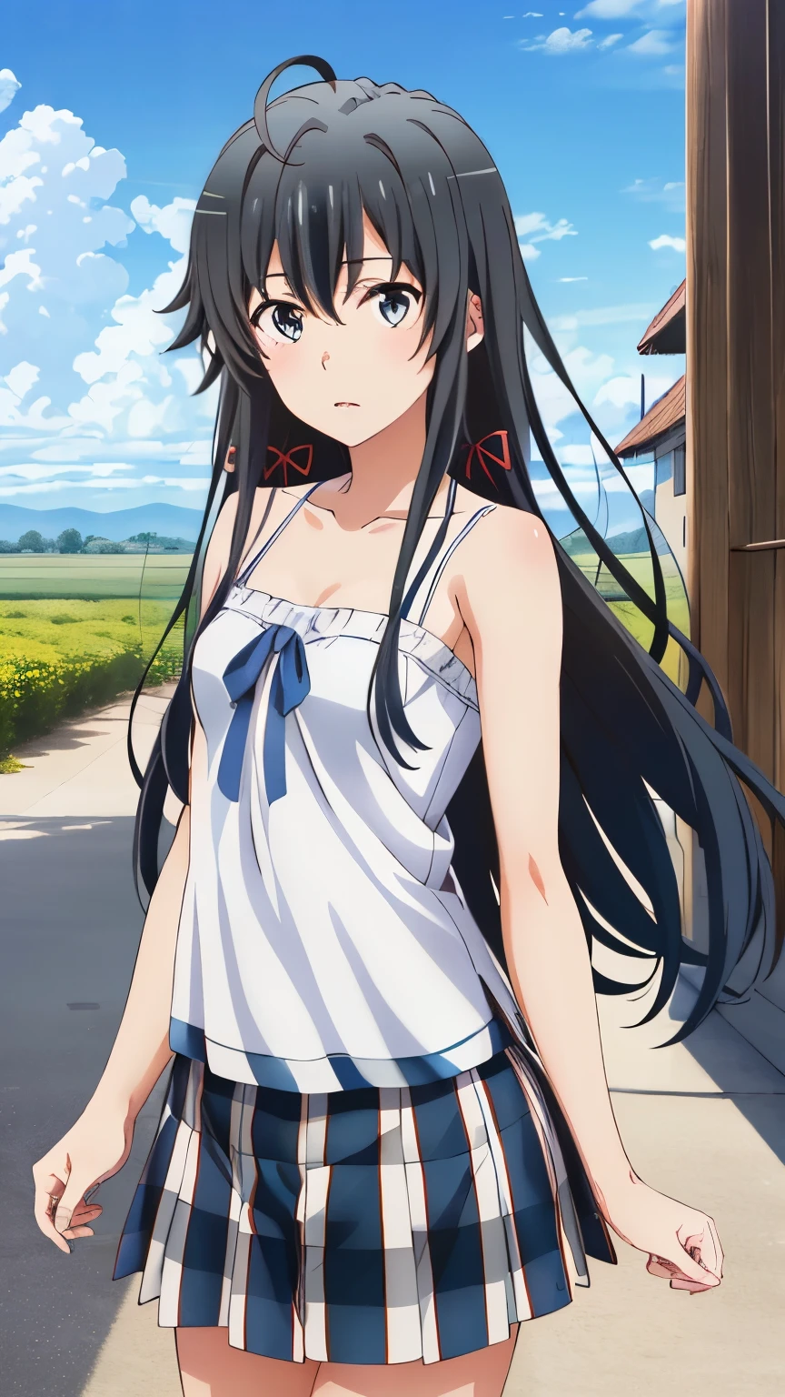 (masterpiece, best quality, highres, 8k:1.2), (anime), yukino, long hair, ahoge, Small medium breast, hair ribbon, (Camisole, mini skirt, blue sky, breeze), Cowboy shot, looking at viewer,