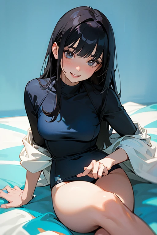 1girl,,black hair,brown eyes,,one-piece swimsuit,in bedroom, ,school swimsuit,twin tail,flat creast,half-closed eyes,rolling eye,blush,sweat,heavy breathing,masterpiece,lie,(((smartphone))),anime,pink pillow,