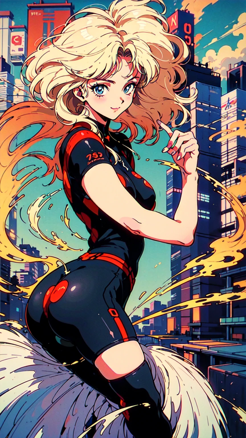 (80's, Retro, City Pop Poster:1.5), (Album cover), (masterpiece, Highest quality), (anime, figure),
Best Photo Poses, Dynamic Angle, Cowboy Shot, blonde Russian girl, 19 years old, Large Breasts, Wide Hips, Perky ass, Round ass,
girl, alone, smile, A perfect eye for detail, Delicate face, blue eyes,
High Fashion,