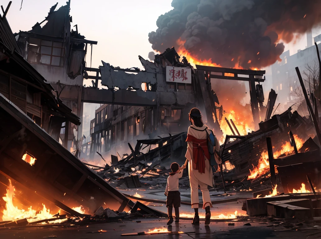 a mother and kid holding hands looking at a destroyed in fire feudal japanese city, giant torii on fire