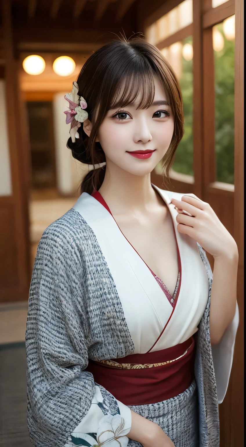 Tabletop, Highest quality, shape, Very detailed, In detail, High resolution, 8k wallpaper, Perfect dynamic composition, Beautiful details, kimono,Medium Hair, Center of chest, Natural color lip, Random sexy poses,smile,Asa Shrine，Flower Hair Ornaments，whole body，