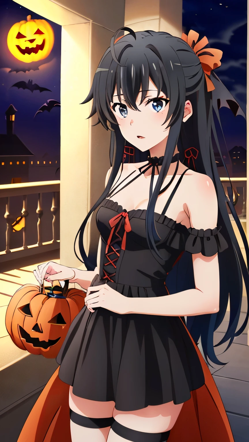 (masterpiece, best quality, highres, 8k:1.2), (anime), yukino, long hair, ahoge, Small medium breast, hair ribbon, (Halloween Costumes, Vampire costume, exposure, room, night), Cowboy shot, looking at viewer,