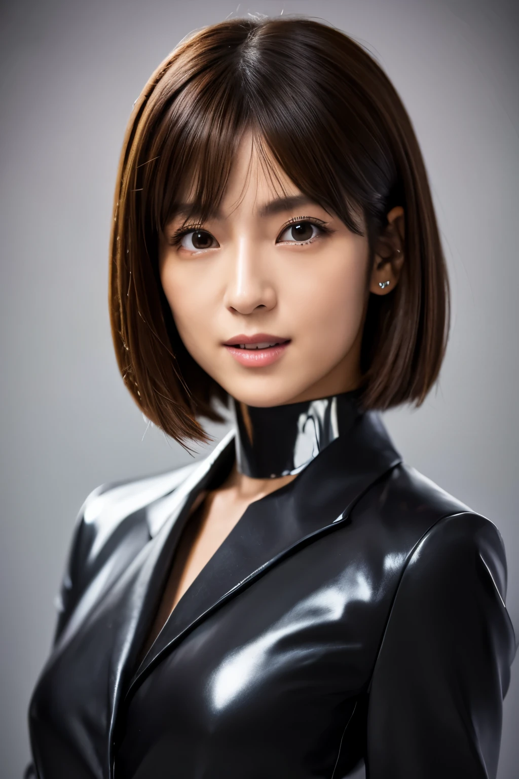 Skinny Japanese woman, 30 years old, Small build, Slit eyes, Fleeting atmosphere, Black Bob Hair, ((Thin lips)), ((Shiny Rubber Suit)), Mastepiece, Best Quality, Detailed skin, Detailed eyes, Detailed face,8K, Good anatomy, Upper body portrait