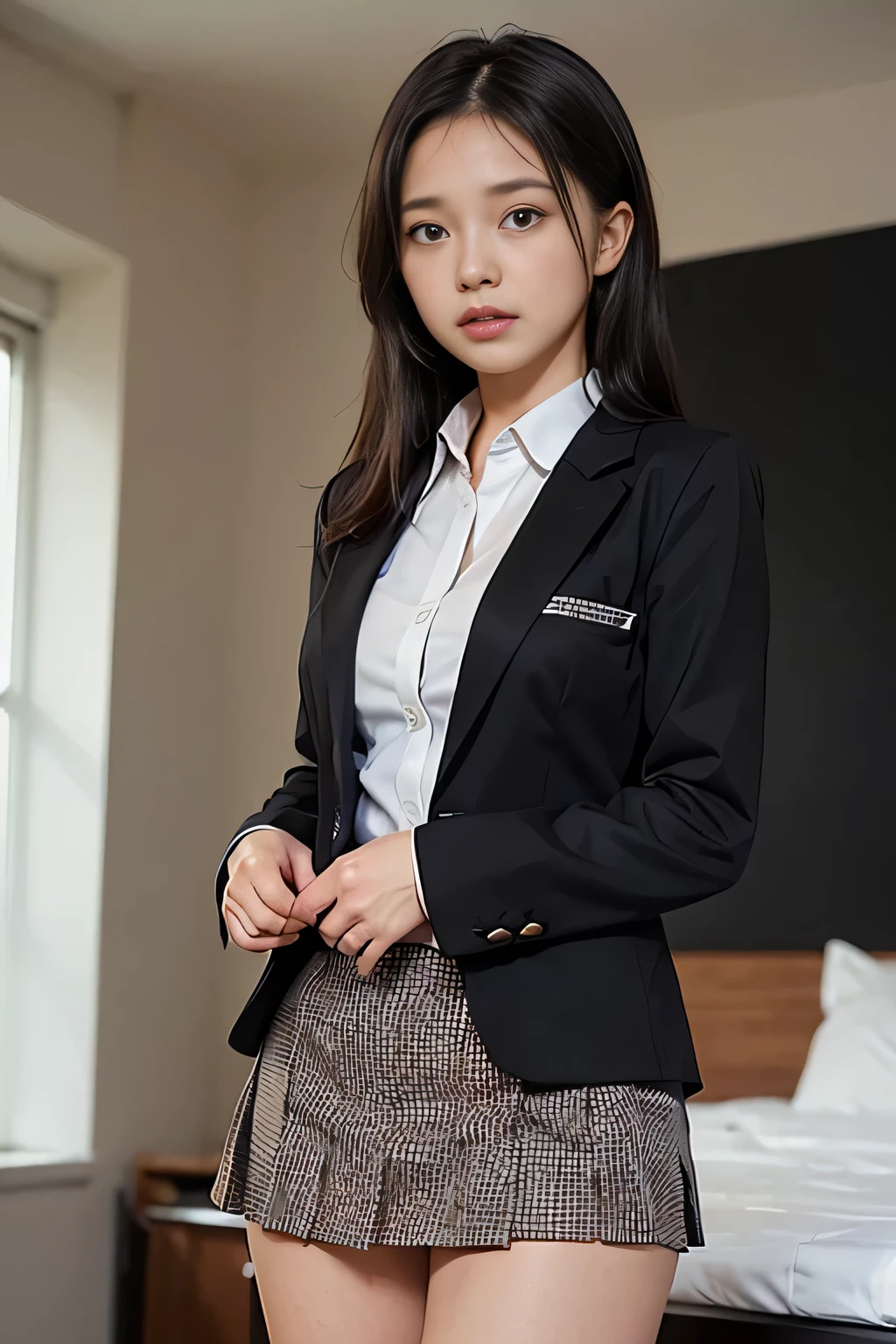 ((masterpiece:1.4))、((The pieces fly:1.4))、((Woman with long black hair:1.4))、((Wearing a light brown checkered short pleated skirt::1.4))、((Stand in the hotel bedroom:1.4))、 ((Cowboy Shot:1.4))、((16-year-old high school girl:1.4))、Innocent look、((Wear a white long-sleeved collared dress shirt:1.4))、((Woman in a black suit:1.4))、((Small breasts:1.4))、((A light brown checkered mini skirt that accentuates thighs:1.4))、((Wearing a black office blazer:1.4))、((Wearing a neat black office blazer:1.4)), ((A woman with a sad expression looking down:1.4))、