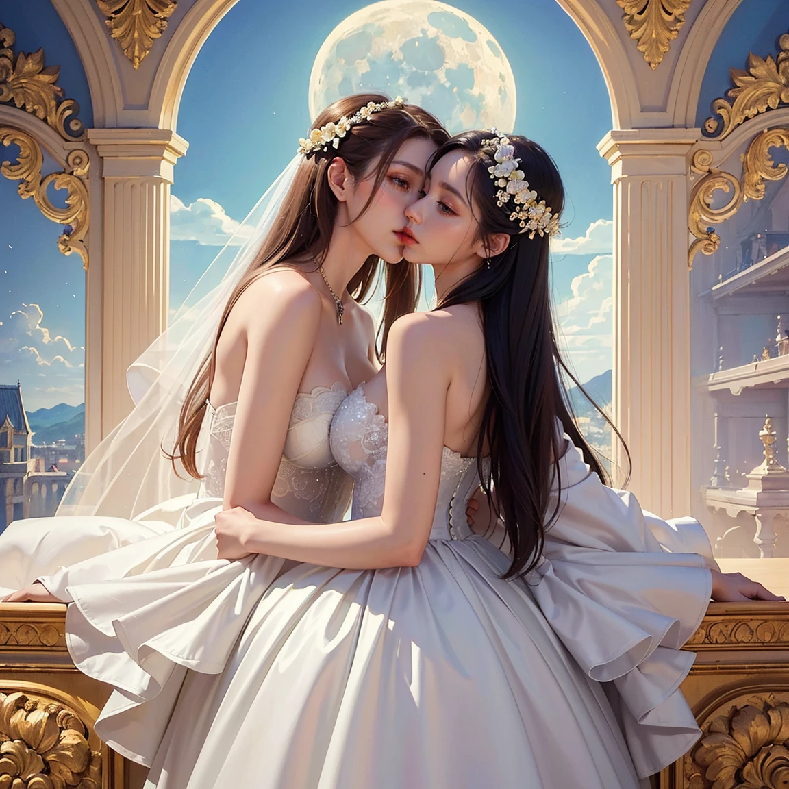 (masterpiece, highest quality, official art, beauty and aesthetic:1.5), perfect anatomy, two stunning bride is deeply in love with each other, kiss, romantic atmosphere, flower and moon, magnificent panorama view