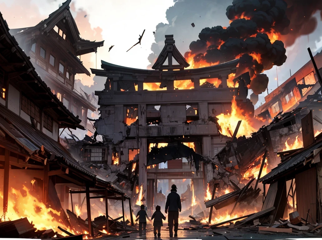 a mother and kid holding hands looking at a destroyed in fire feudal japanese city, giant torii on fire