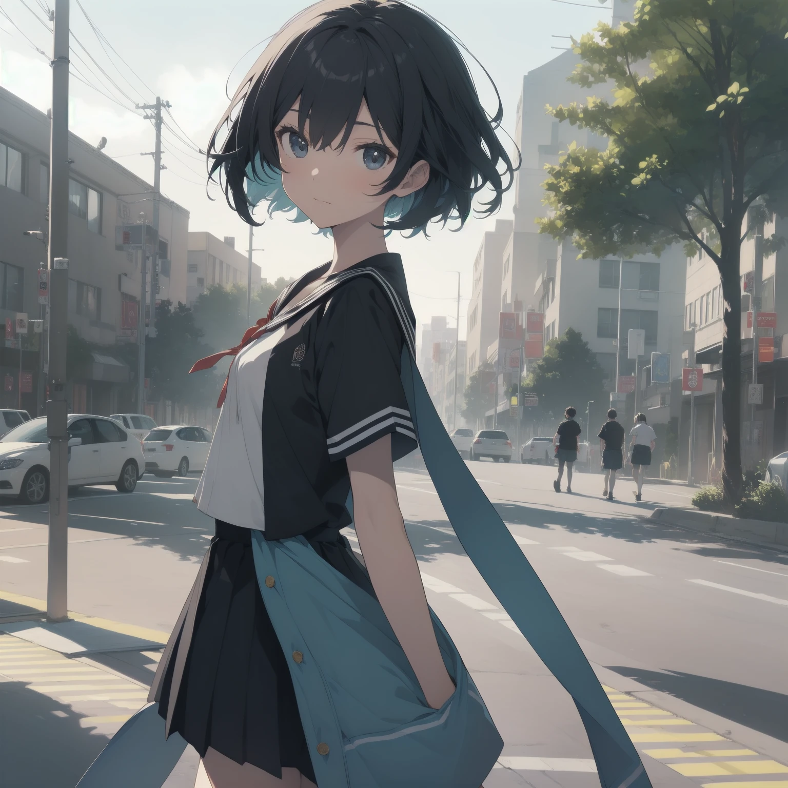 ultra-absurdres-Top quality by artist God, ultra-detailed, high resolution, anime moe artstyle, best anime 8k konachan wallpaper, pixiv contest winner, pool:2810, perfect anatomy,break, 1girl, (Please draw a girl walking sleepily to school alone. )break,(Solo,little female, 13-year-old:1.3),Full limbs, complete fingers,a junior high school student, (very short hair), short cut, flat chest, , small butt, small black eyes, beautiful detailed eyes, well-proportioned iris and pupils, expressive eyes, highres detailed hair, soft expression, salor school_uniform, sailor collar, serahuku, bow, pleated skirt,(Detailed Lighting), (Detailed background), in the School commute route. break,super detailed skin, Best cinematic lighting powered by famous artist, 8k,beauty illustration,photoshop_(medium),very aesthetic,break,((artist:minami_(colorful_palette) )), artist:clamp ,artist:carnelian ,artist:kantoku ,
