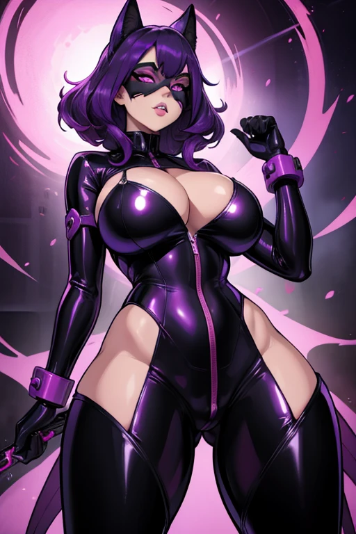 female villain, dark latex outfit with pruple elements, sexy clothes, big ass,extremely big breasts, evil expression, dangerous environment, purple hair with sidelocks, pink glowing eyes, mask, everything covered in latex except her tits and pussy, naked pussy, naked