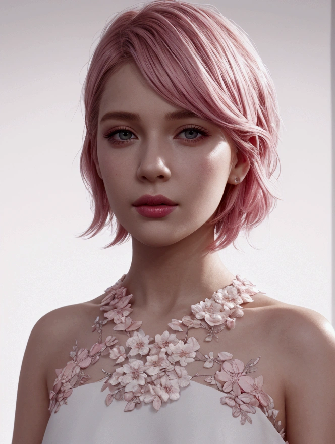 high quality,masterpiece,extremely detailed,high res,4k,ultra high res,detailed shadow,ultra realistic,realistic,dramatic lighting,1girl,solo,detailed face,realistic eyes,realistic skin,pink hair,dynamic pose, dynamic angle, white flowery dress, short hair cut,white background