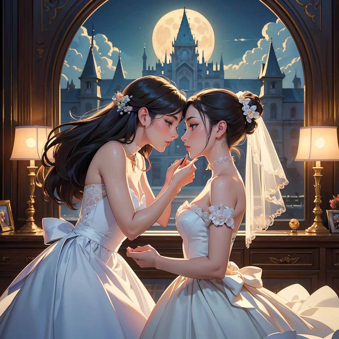 (masterpiece, highest quality, official art, beauty and aesthetic:1.5), perfect anatomy, two stunning bride is deeply in love with each other, kiss, romantic atmosphere, flower and moon, magnificent panorama view