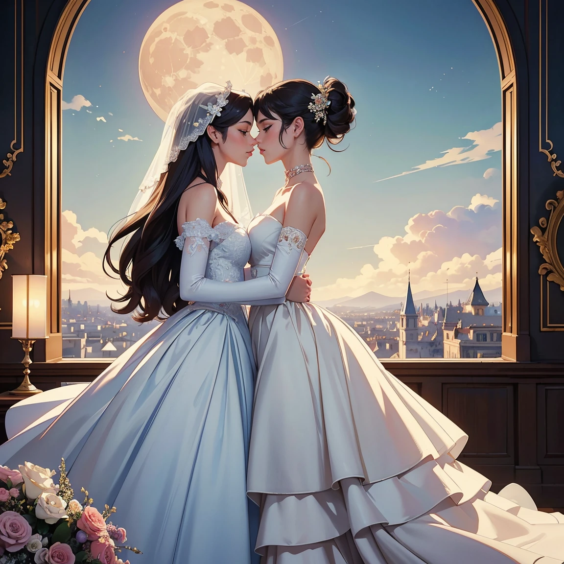 (masterpiece, highest quality, official art, beauty and aesthetic:1.5), perfect anatomy, two stunning bride is deeply in love with each other, kiss, romantic atmosphere, flower and moon, magnificent panorama view