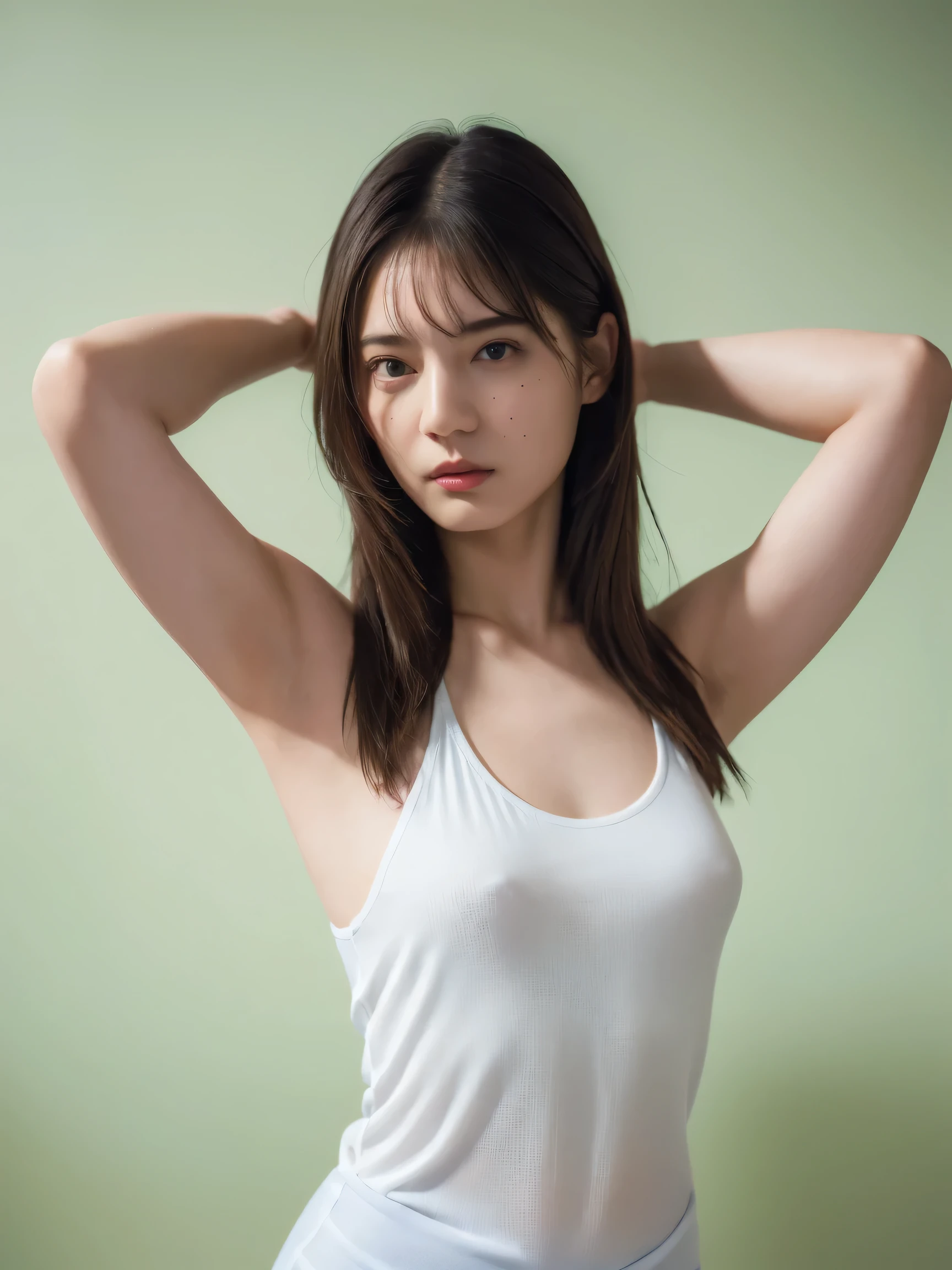 (best quality:1.4), (ultra highres:1.2), (photorealistic:1.4), (16k, RAW photo:1.2),(portrait shot:1.3), bmangpor, 1girl, solo, long hair, brown hair, upper body, white smooth armpits, one arm up, knit tank top,  small breast,see through,nipple