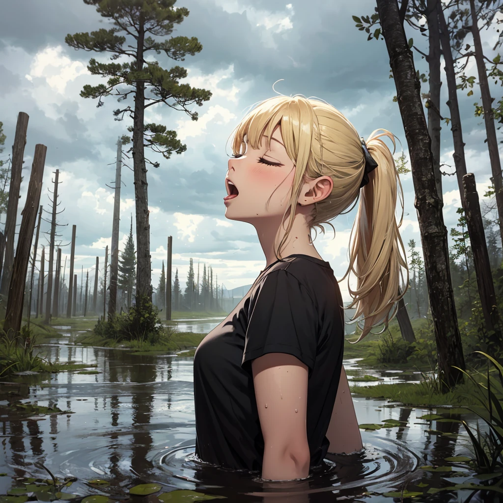 Solo, 1girl, drowned in mud, bog, grass, trees, muck, orgasm, looking up, eyes closed, mouth open, stormy weather, Solo, From Side, blonde hair in ponytail, wearing t-shirt,
