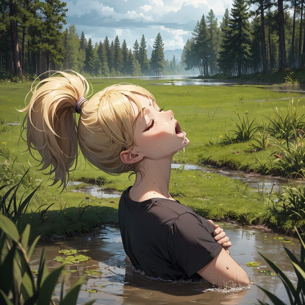 Solo, 1girl, drowned in mud, bog, grass, trees, muck, orgasm, looking up, eyes closed, mouth open, stormy weather, Solo, From Side, blonde hair in ponytail, wearing t-shirt,