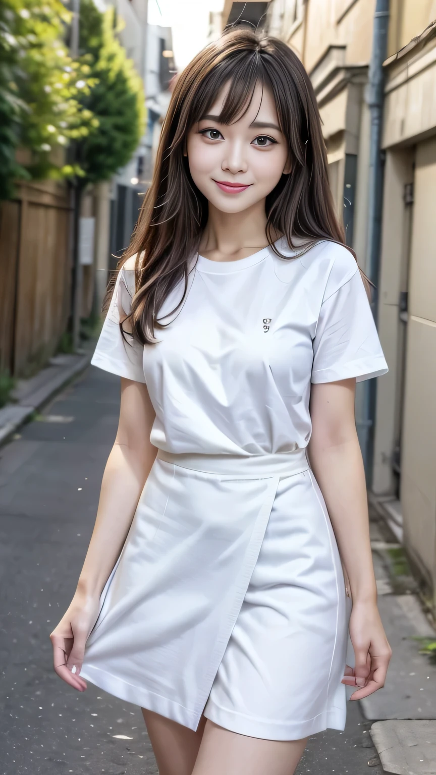 Highest quality, Super Fine, 16K, A full body shot from head to toe、full body shot、One Japanese woman、25 Talented Housewife、A beautiful and cute woman smiling gently, White T-shirt、long wrap skirt、Strap Pin Heel、After shopping、Walking towards here、The background is a neighborhood alley.、High resolution, smile, Open your mouth、Detailed eyes、Detailed face、Detailed painted face