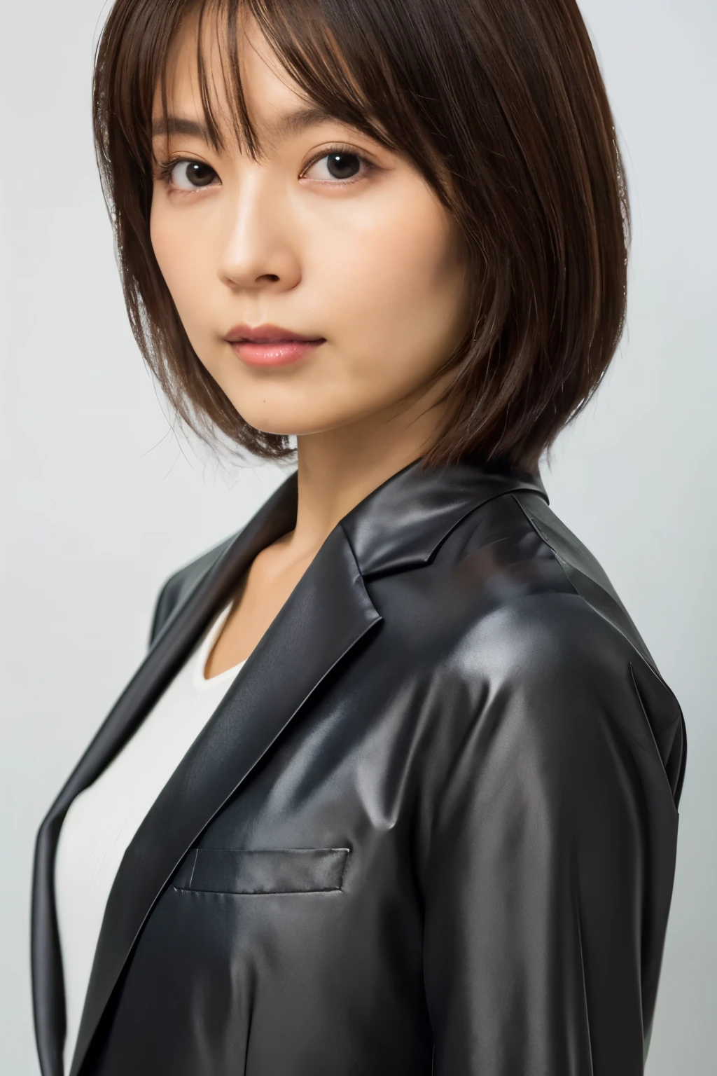 Skinny Japanese woman, 30 years old, Small build, Slit eyes, Fleeting atmosphere, Black Bob Hair, ((Thin lips)), ((Shiny Rubber Suit)), Mastepiece, Best Quality, Detailed skin, Detailed eyes, Detailed face,8K, Good anatomy, Upper body portrait