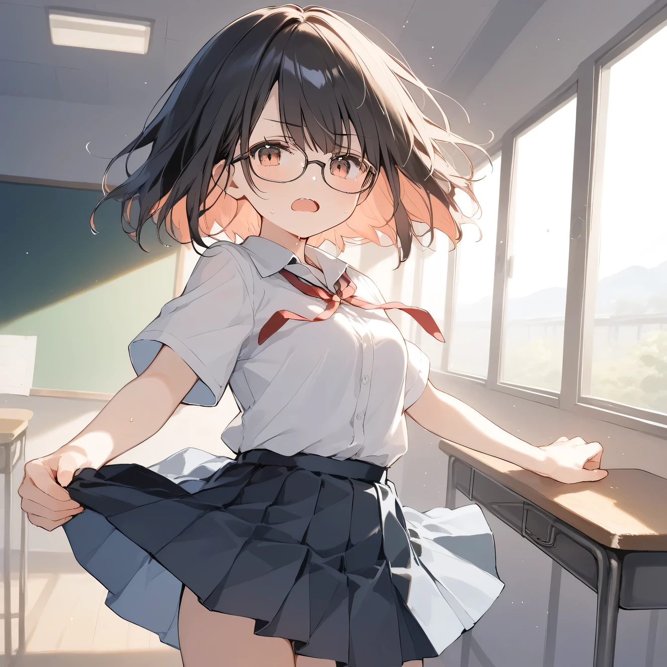 1 girl, , Dynamic posing, dynamic angle, Arrange pose,Top quality work,Show Legs,(short black hair),(blue eyes), Rose cheeks, Pretty Face, A perfectly proportioned face, school white shirt with red bow and black skirt, (school uniform), (school white shirt), white stockings,school, in classroom, Grabbing own Ass