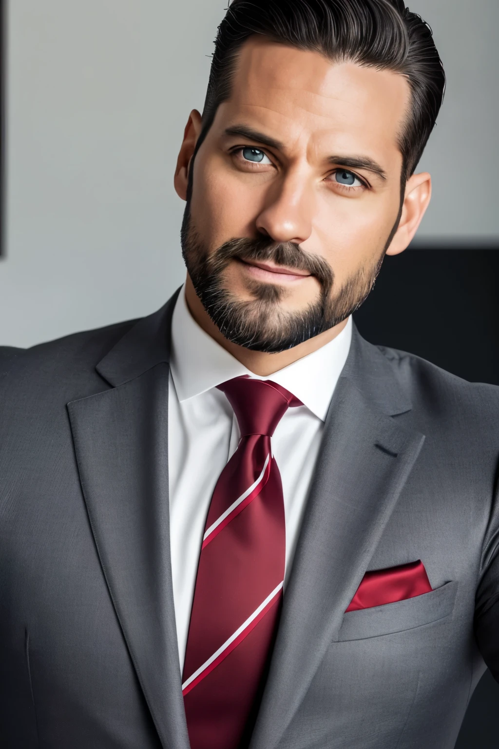 A 35-year-old man, exuding confidence, ((tailored suit)), ((contrast lighting)), dark hair with a few gray hairs, cabello negro con algún gris, Hair slicked back, straight and neat, cabello suelo atrás y bien cuidado, bright blue eyes, ojos azules brillantes, Front view, selfie, photo taken with Canon EOS, elegant red tie, boquilla roja, selfie in the boardroom, high quality, selfie Canon, sharp focus, soft shadows, volumetric lighting, excellent detail, corporate style, SFW, ((cinematic)), (dramatic), (better quality,