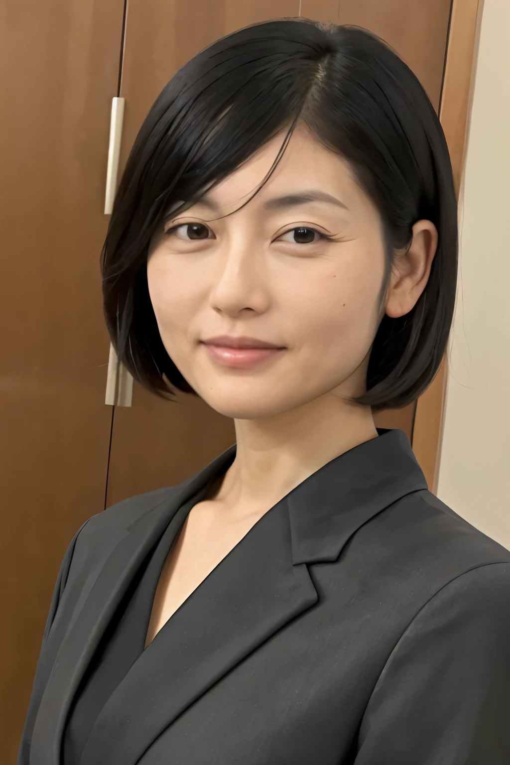 Skinny Japanese woman, 30 years old, Small build, Slit eyes, Fleeting atmosphere, Black Bob Hair, ((Thin lips)), ((Shiny Rubber Suit)), Mastepiece, Best Quality, Detailed skin, Detailed eyes, Detailed face,8K, Good anatomy, Upper body portrait