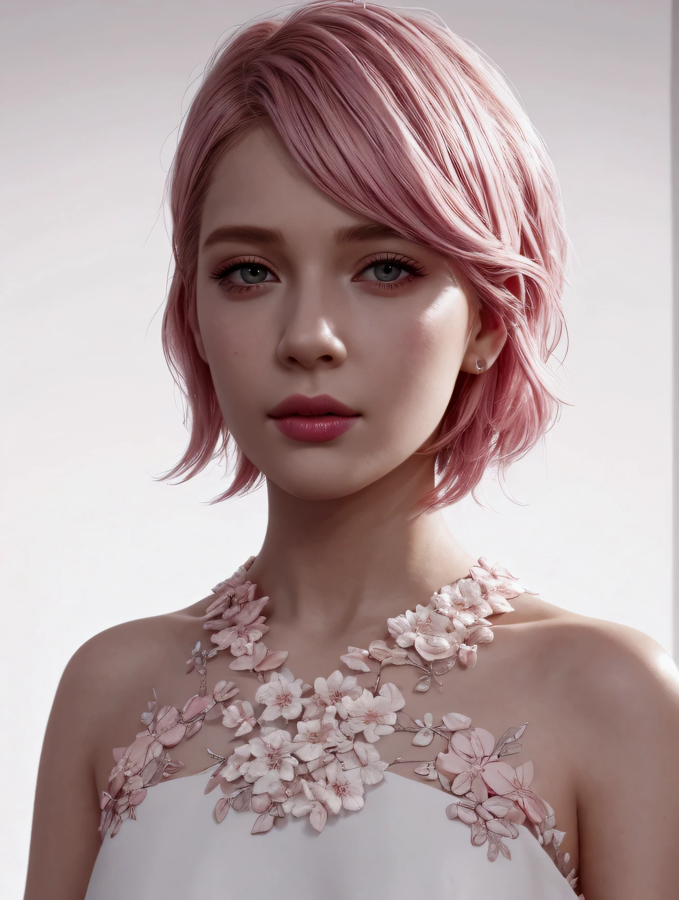 high quality,masterpiece,extremely detailed,high res,4k,ultra high res,detailed shadow,ultra realistic,realistic,dramatic lighting,1girl,solo,detailed face,realistic eyes,realistic skin,pink hair,dynamic pose, dynamic angle, white flowery dress, short hair cut,white background