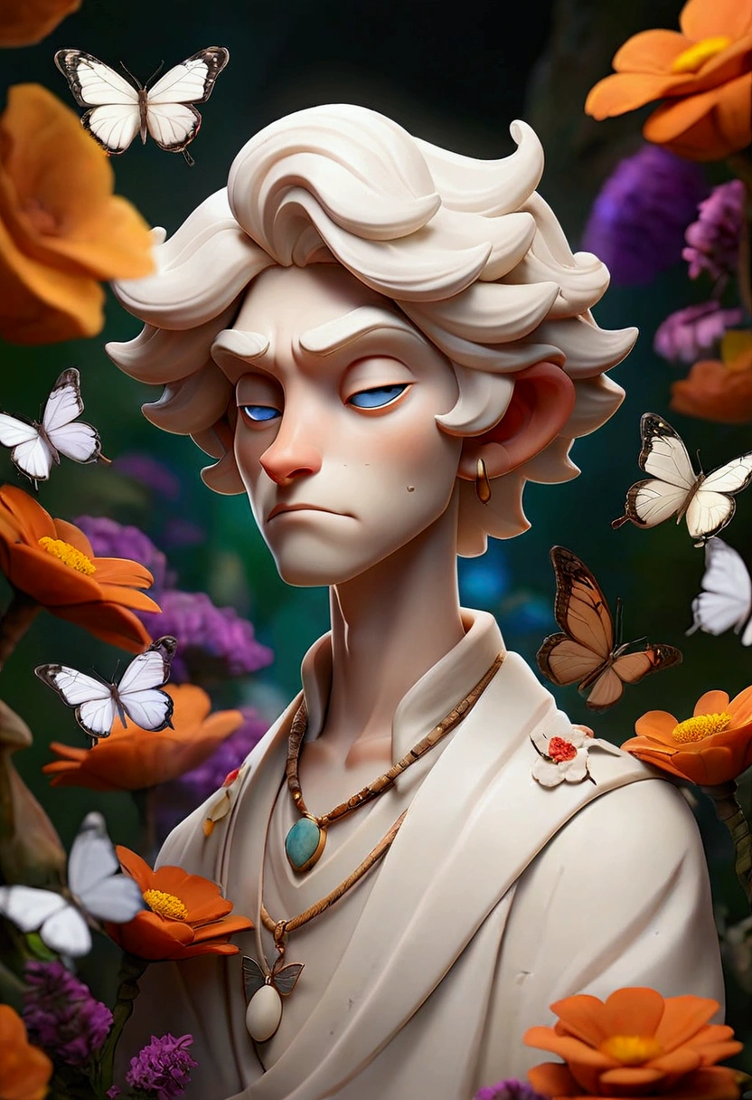 a picture of a white jasper and a light enveloping him in a place adorned with flowers and butterflies