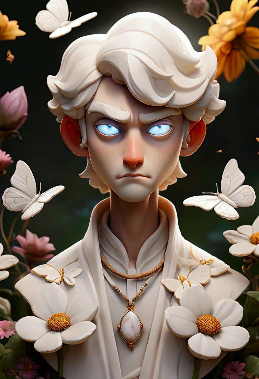 a picture of a white jasper and a light enveloping him in a place adorned with flowers and butterflies