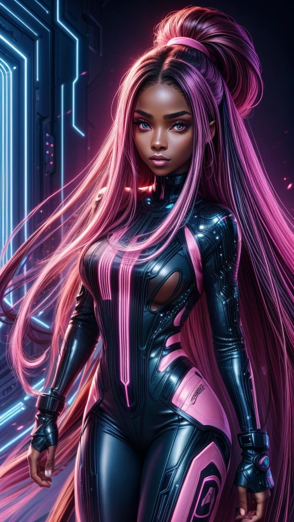 black woman with long dark brown straight hair, wearing futuristic and pink clothing, has pink streak in hair and brown eyes.