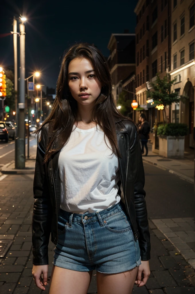Jessica Henwick with long brown hair wearing a black leather jacket, a white t-shirt, and denim shorts, standing in a city street, (best quality,4k,8k,highres,masterpiece:1.2),ultra-detailed,(realistic,photorealistic,photo-realistic:1.37),beautiful detailed eyes,beautiful detailed lips,extremely detailed eyes and face,longeyelashes,urban environment,city buildings,street lamps,cinematic lighting,warm tones