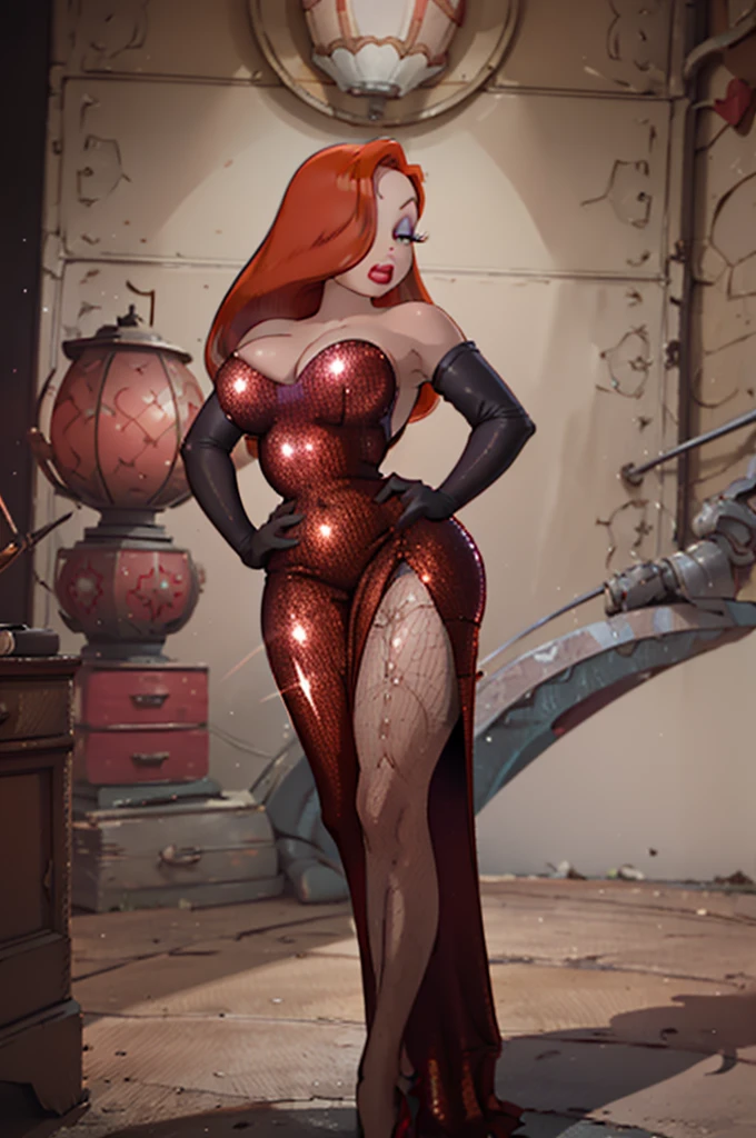 high quality,ultra quality 8k, Ultra 4K,Masterpiece, Orange hair, a tall woman, wide , One eye is hidden by hair, dark purple eyeshadow , Red lipstick, Detailed photos, beauty, attractive body, perfect anatomy of the human body, Jessica rabbit, correct anatomy Bodysuits, Bright red long dress, Dresses with slits up to the waist, Sparkly red sequin dress, Perfect facial balance, long eyelashes, sexy eyebrows, side glance, wide shoulders, Proudly stand up straight, big breasts hands on waist, Soft and sexy look,  jacquard pantyhose,  background is a black and white movie set.