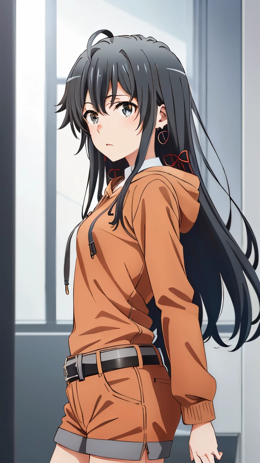 (masterpiece, best quality, highres, 8k:1.2), (anime), yukino, long hair, ahoge, Small medium breast, hair ribbon, (Earrings, Orange hoodie, No sleeve, Side bust, Grey shorts, belt), Cowboy shot, looking at viewer,