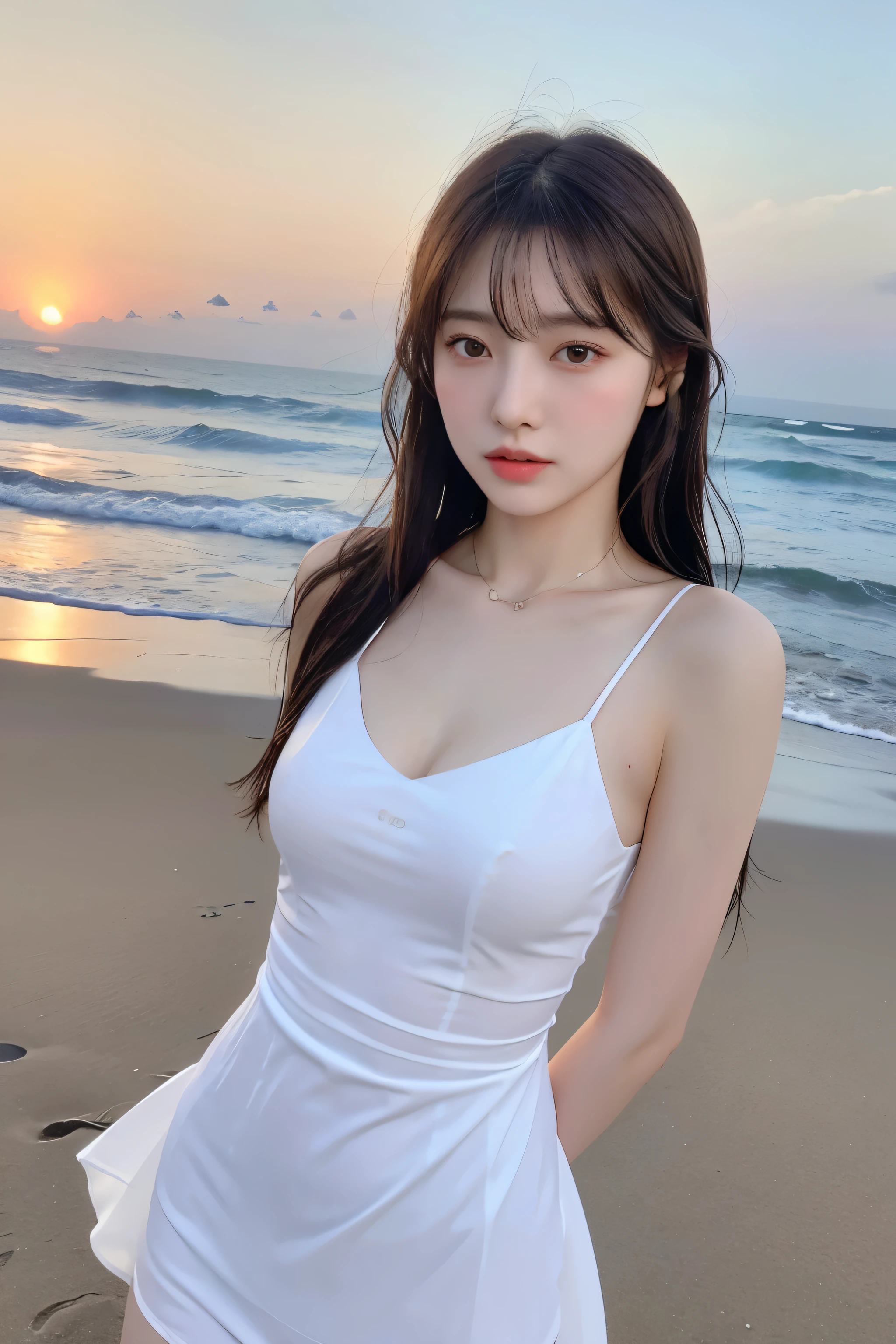 (Realistic, High Resolution: 1.3), 1 Girl with Perfect Body, H1-KEY HWISEO, 42 years old, ((h1-key hwiseo)), Create a picture of a young woman with medium length dark hair standing on a beach。In the background is the sea and horizon at sunset.、The warm light is shining。She has a natural and soft look.、The mouth is a little open。She was wearing a transparent white dress、A little wet with seawater。
