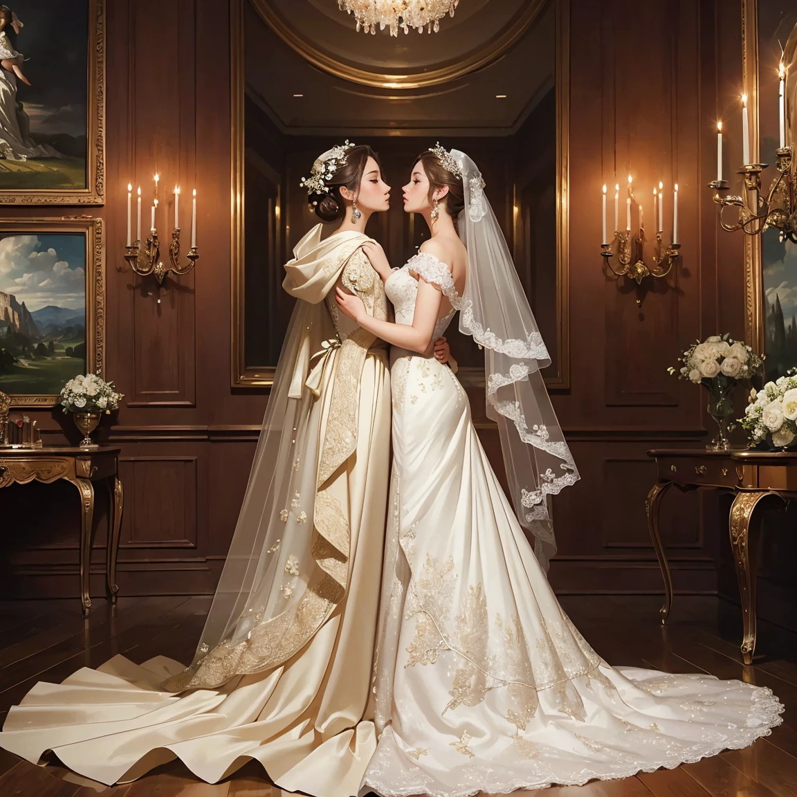 (masterpiece, highest quality, official art, beauty and aesthetic:1.5), perfect anatomy, two stunning bride is deeply in love with each other, kiss, romantic atmosphere, flower and moon, magnificent panorama view