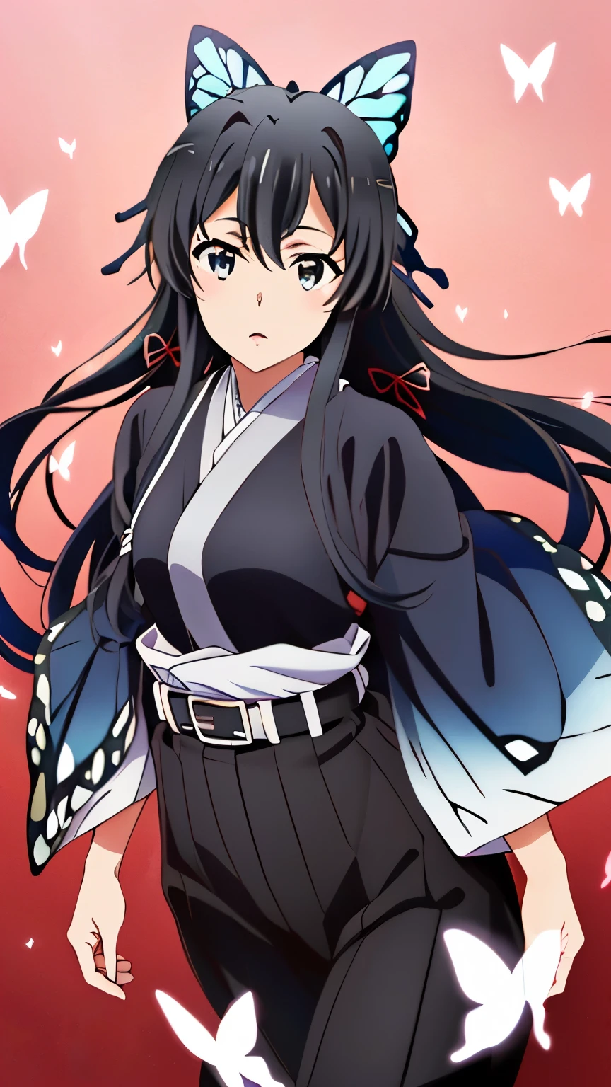 (masterpiece, best quality, highres, 8k:1.2), (anime), yukino, long hair, ahoge, Small medium breast, hair ribbon, (japanese clothes, demon slayer uniform, butterfly hair ornament, Haori, belt, black pants, black jacket), Cowboy shot, looking at viewer,