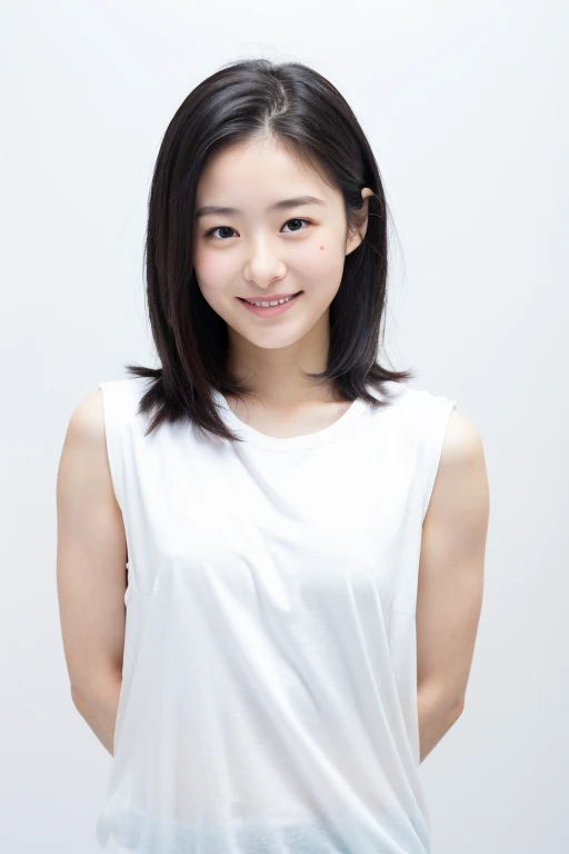 Beautiful and cute very young Japanese woman, Inorganic Snow White background, Natural Skin, Cute smile with mouth closed, Very short black hair, The forehead is visible, Childish face, , low length, White fitted sleeveless t-shirt, Natural Skin, Hall々Stand with, Full body photo, Serious and honor student-like atmosphere, Correct posture, Upper Body
