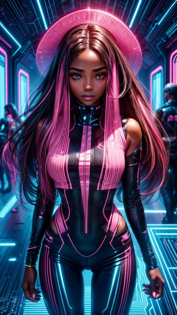 black woman with long dark brown straight hair, wearing futuristic and pink clothing, has pink streak in hair and brown eyes.